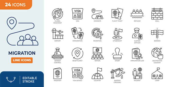 Fototapeta Migration icon set. Contain icons related to immigration, visa, border, migrant, country, passport, and more. Editable stroke. Vector illustration