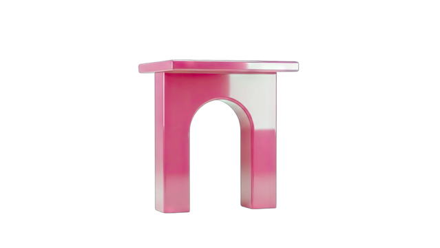 A Glossy Pink Archway With A White Top Display Stand Isolated On A Black Background Featuring Smooth Reflective Surfaces and A Modern Minimalist Design