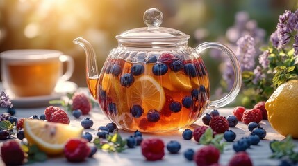 A refreshing image of a teapot brimming with vibrant fruit juice, complemented by an array of fresh berries and lemons, creating a delightful still life composition.