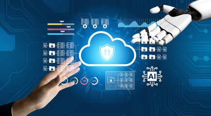 This image illustrates a human hand and a robotic hand reaching towards a cloud symbol, representing the intersection of artificial intelligence and data security in a digital landscape. Gantry