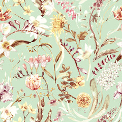 A floral seamless pattern with watercolor garden flowers. Seamless wallpaper with daffodils, hyacinths, freesia, and tulips.