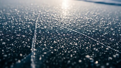 Frozen Lake Surface with Ice Crystals and Cracks at Sunrise, Winter Landscape