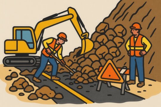 Construction workers managing road work with heavy machinery and safety equipment overcoming obstacles while ensuring road safety awareness in a controlled work environment
