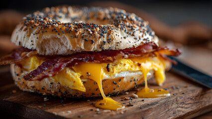imagine create a video of a young man slicing a perfectly made bacon egg and cheese sandwich on a golden toasted everything bagel

