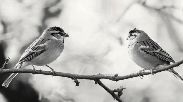 Black and white photograph of two identical sparrows perched on a branch, looking left. Surrounded by natural light and silhouetted against the background.