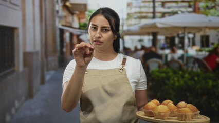 Woman waitress in apron points finger at camera while holding a wooden tray of muffins on a street cafe terrace; firm disapproval.
