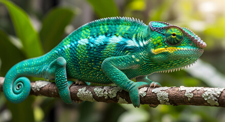 Fototapeta premium Experience the vibrant world of wildlife with this close-up shot of a chameleon basking in the sun, its colors a testament to nature's artistry and beauty.