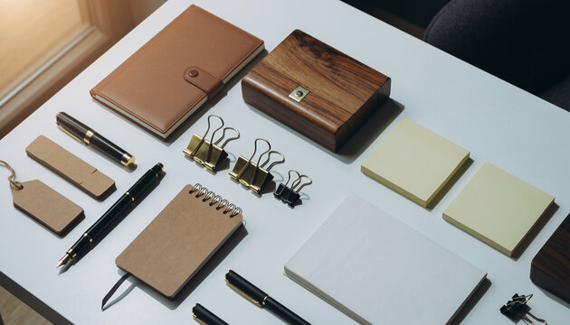 Elevate your brand with sophisticated stationery flat lay displaying professional notebooks, pens, and clips for a stylish and organized workspace aesthetic