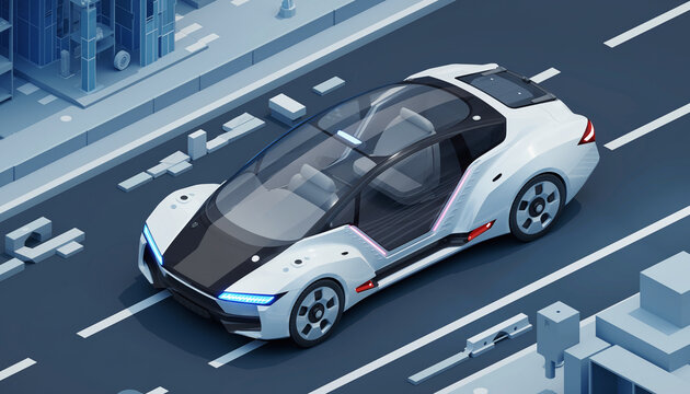 Sleek electric car navigating city streets, showcasing future of transportation in a modern urban landscape with autonomous driving technology for sustainable living