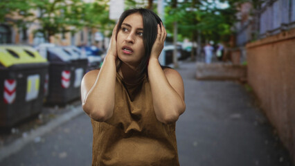 Young hispanic woman covering ears beside large recycling containers on a busy city street, hands pressed to her head and eyes closed in reaction; noise annoyance.
