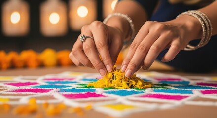 Obraz premium Hands meticulously crafting a vibrant rangoli design with flower petals and colored powder