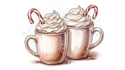 Beige Hot Chocolate Couple Mugs with Whipped Cream and Candy Canes, Cozy Winter Holiday Watercolor Illustration