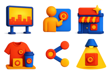 3D Brand Icon Set. 3D icon set of brand awareness and visibility: billboard glowing in city, avatar pointing at logo, branded