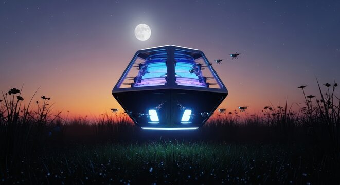 Enigmatic luminous aircraft hovers above meadow during dusk evoking futuristic scene