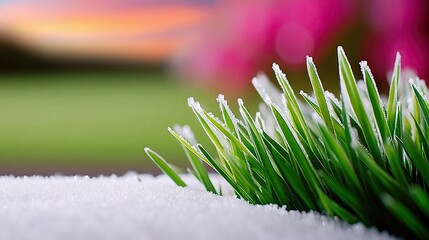 Frosty Grass Blades in Snow with Bokeh Background