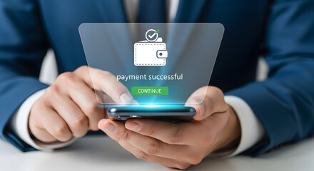 A businessman in a suit completes a successful mobile payment transaction using his smartphone, confirming the purchase and continuing forward with ease.