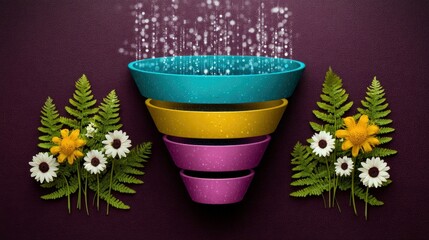Funnel with Flowers and Falling Particles on Purple Background