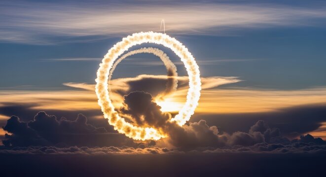 Spectacular aerial maneuvers creating ethereal circles above a cloudscape at dusk