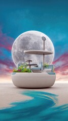 Futuristic Lounge with Moon Background