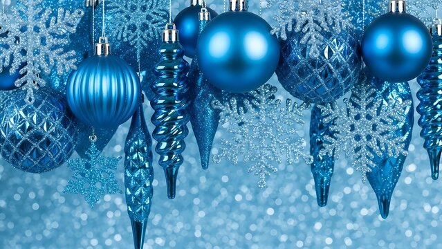 Vibrant blue Christmas ornaments and shimmering snowflakes adorn a magical festive background, celebrating winter holidays