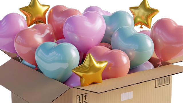 A Cardboard Box Filled with Heart Shaped Balloons in Pastel Colors Pink Blue and Yellow Stars Floating Above on a White Background - Powered by Adobe