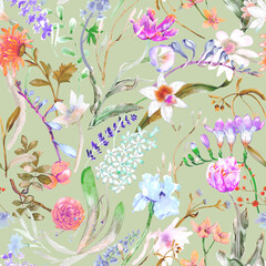 A floral seamless pattern with watercolor garden flowers. Seamless wallpaper with daffodils, hyacinths, freesia, and tulips.