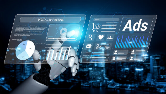 A futuristic robotic hand interacts with a digital marketing interface featuring visuals of ads, charts, and data analytics against a vibrant city skyline at night. Gantry - Powered by Adobe