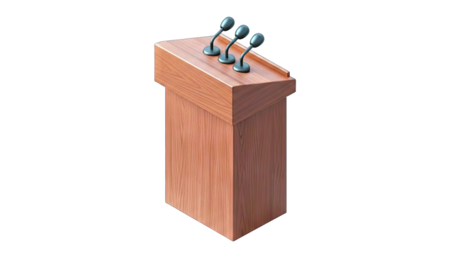 A Light Brown Wooden Podium with Three Microphones Ready for a Speech on a White Background