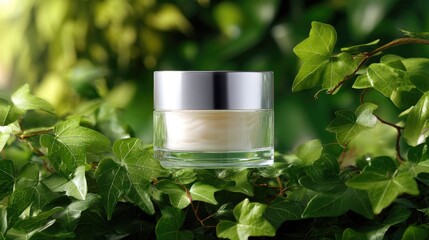 Elegant skincare cream jar surrounded by lush green ivy leaves in natural setting for beauty and wellness promotion