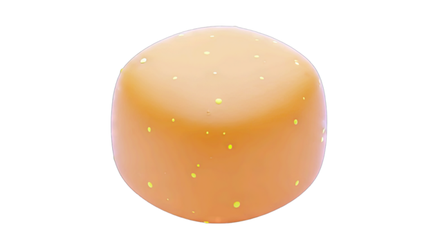 A smooth golden-brown sphere with scattered small bright green speckles against a completely transparent background casting a subtle shadow.