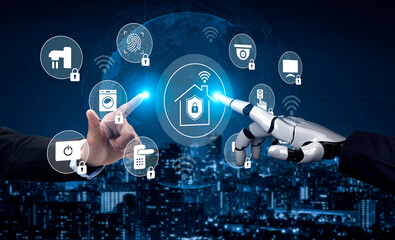 This image illustrates a futuristic concept of home automation, featuring robotic and human hands interacting with digital icons for smart devices and security. Gantry