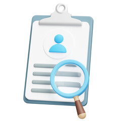 3D illustration of a clipboard with a resume document, profile avatar icon, and magnifying glass. HR recruitment concept symbolizing job search, employee selection, hiring, candidate review
