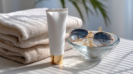 Relaxing Spa Essentials with Towel, Sunscreen Tube, Sunglasses, and Decorative Bowl in Bright Natural Light