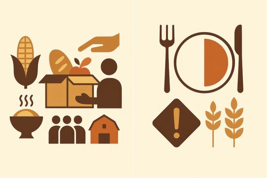 Illustrative depiction of sustainable food practices featuring fresh produce delivery, community awareness, and dining essentials highlighting nourishment and agricultural ethics
