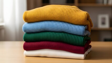 Stack of Five Colorful Folded Knit Sweaters or Jumpers in Yellow, Blue, Green, Red, and White on a Wooden Table