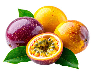 Colorful fresh passion fruits, one halved, revealing juicy interior