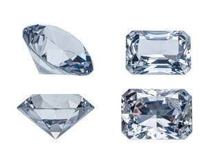 Four brilliant faceted clear gemstones (round & rectangular) on black