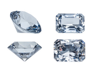 Four brilliant faceted clear gemstones (round & rectangular) on black