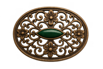 Vintage filigree brooch with green stone, antique floral ornament, bronze metal jewelry accessory