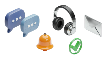 3D Icons Representing Communication Notification Listening And Confirmation On Transparent Background