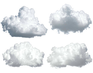 Four puffy white cumulus clouds with soft edges on a black background