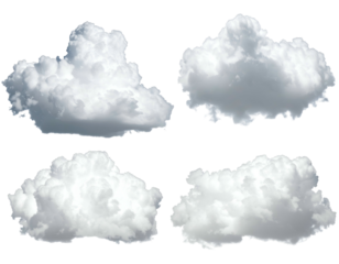 Four puffy white cumulus clouds with soft edges on a black background