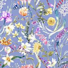 A floral seamless pattern with watercolor garden flowers. Seamless wallpaper with daffodils, hyacinths, freesia, and tulips.