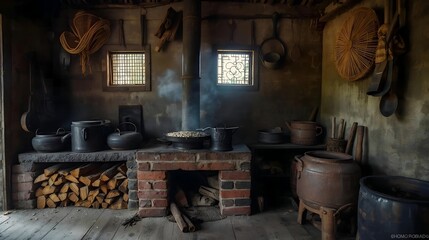 Abandoned interior of an old traditional wooden home kitchen with a vintage stove and a pot over an ancient fireplace
