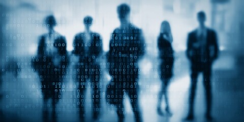 Silhouetted Business Figures Against a Background of Binary Code Symbolizing Technology and Data in the Modern Workplace