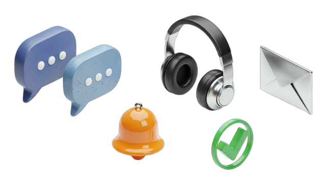 3D Icons Representing Communication Notification Listening And Confirmation On Transparent Background