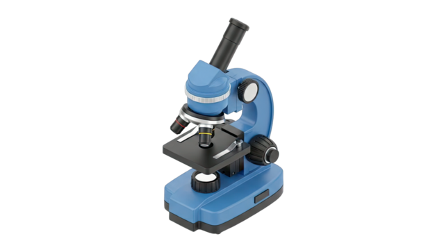 A detailed blue compound microscope with black accents isolated on a transparent background showcasing scientific equipment for laboratory research and educational purposes