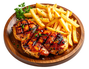 Grilled chicken breasts, crispy fries, and parsley on a wooden plate