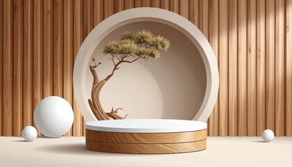 Realistic 3D white, wood brown cylinder podium background with vertical wood partition decorate. Wall minimal scene mockup products stage showcase, Banner promotion display. Vector abstract empty room
