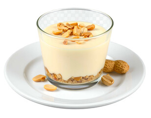 Layered creamy peanut dessert in glass with whole peanuts on plate